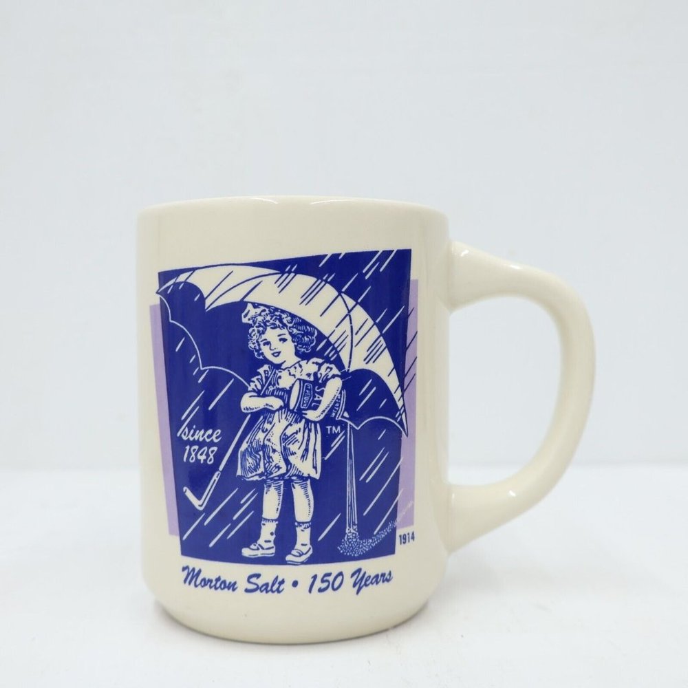 2/$20 Morton Salt Mug Umbrella Girl Celebrate 150 Years Bryan China 1914